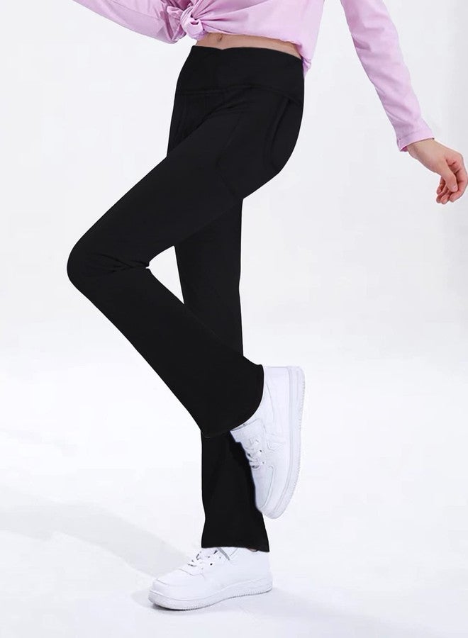Gnainach Girls Flare Leggings Size 10-11 Years Old Solid Black Criss Cross Bootcut Yoga Pants with Pockets for Kids Workout Running - Image 3